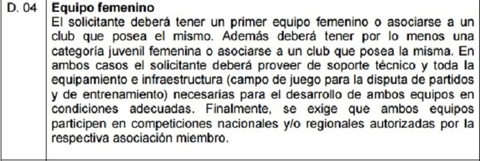 Regulamento de Licença de clubes da Conmebol prevê que clubes tenham times femininos — Foto: Reprodução/Conmebol