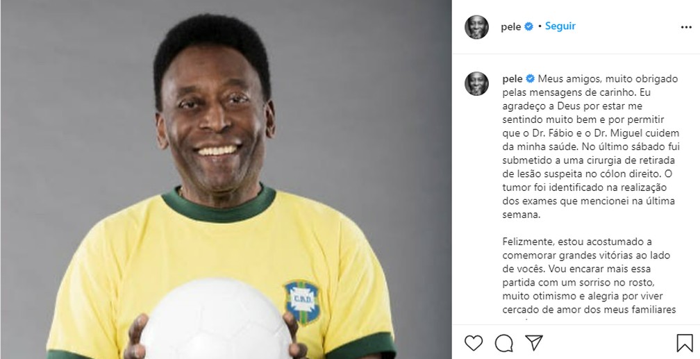 Pelé manda recado nas redes sociais após internação — Foto: Reprodução