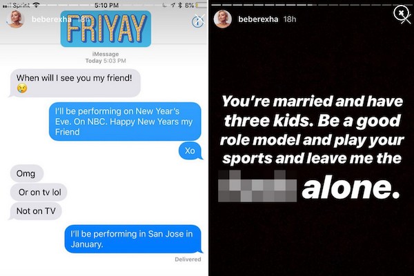 A conversa da cantora Bebe Rexha com o misterioso jogador de futebol americano e a mensagem na qual ela pede que ele não volte a falar com ela (Foto: Instagram)