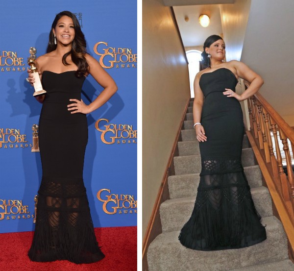 A atriz Gina Rodriguez e a estudante Jessica Casanova, ambas com o mesmo vestido (Foto: Getty Images/Twitter)