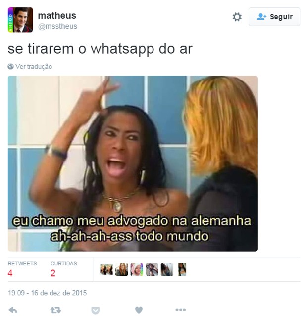 Inês Brasil chama seu advogado em meme do Twitter após proibição do WhatsApp no Brasil (Foto: Reprodução/Twitter/@msstheus)