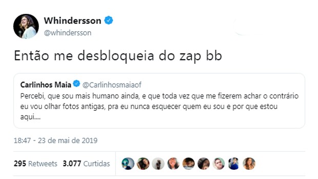 Whindersson Nunes rebate Carlinhos Maia (Foto: ReproduÃ§Ã£o/Twitter)