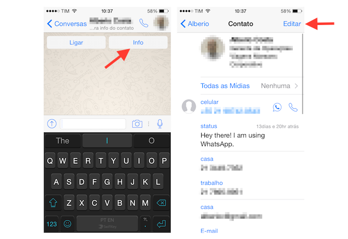 Iniciando a edição de dados de um contato do WhatsApp pelo iPhone (Foto: Reprodução/Marvin Costa)