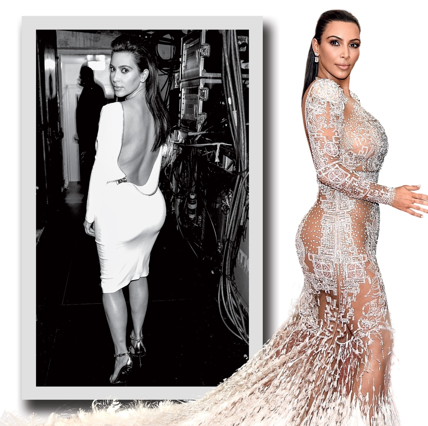 Kim Kardashian: Kim de Tom Ford e, à esquerda, a bordo do vestido desenhado por Peter Dundas para a Cavalli, que ela usou no baile do Met (Foto: AFP, Getty Images e Divulgação)