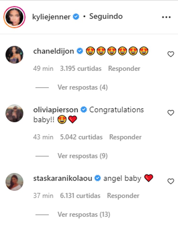 Comentários de pessoas próximas a Kylie Jenner após anúncio de nascimento do segundo bebê (Foto: Reprodução/Instagram)