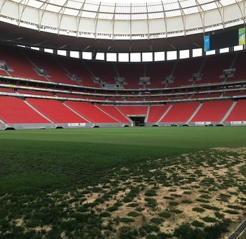 Parte do gramado do Mané Garrincha ainda está sendo recuperada (Foto: Globoesporte.com)