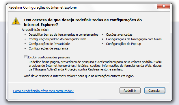 Redefinir internet explorer