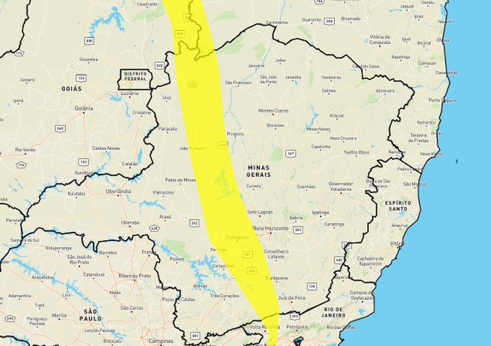 Alerta amarelo Inmet de perigo potencial de chuvas intensas no Centro-Oeste de MG — Foto: Reprodução/Inmet