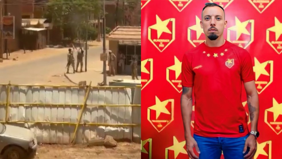 O jogador brasileiro Paulo Sérgio, que atua no Al-Merreikh, no Sudão, registrou tiros na capital Cardum — Foto: Montagem/g1