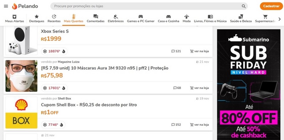 Pelando exibe maiores descontos do e-commerce enviados por usuários na Black Friday 2021 — Foto: Reprodução/Raquel Freire