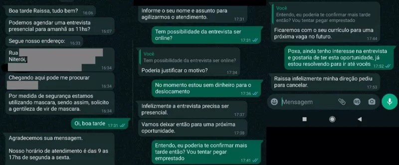 Conversa por WhatsApp entre Raíssa e a recrutadora (Foto: REPRODUÇÃO WHATSAPP/RAÍSSA CARDOSO via BBC)