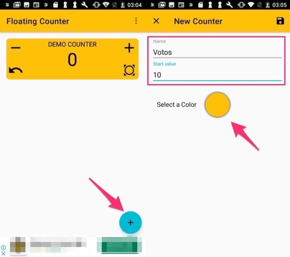 Ação para criar um quadro de contador no aplicativo Floating Counter — Foto: Reprodução/Marvin Costa