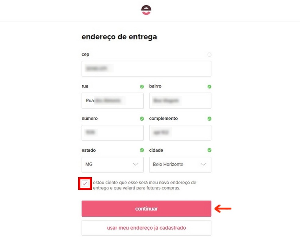 Confirmação de endereço de entrega no site Enjoei — Foto: Reprodução/Raquel Freire