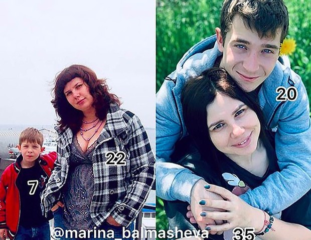 À esquerda, Marina com o enteado aos 7 anos e, à direita, atualmente (Foto: Reprodução/Daily Mail)