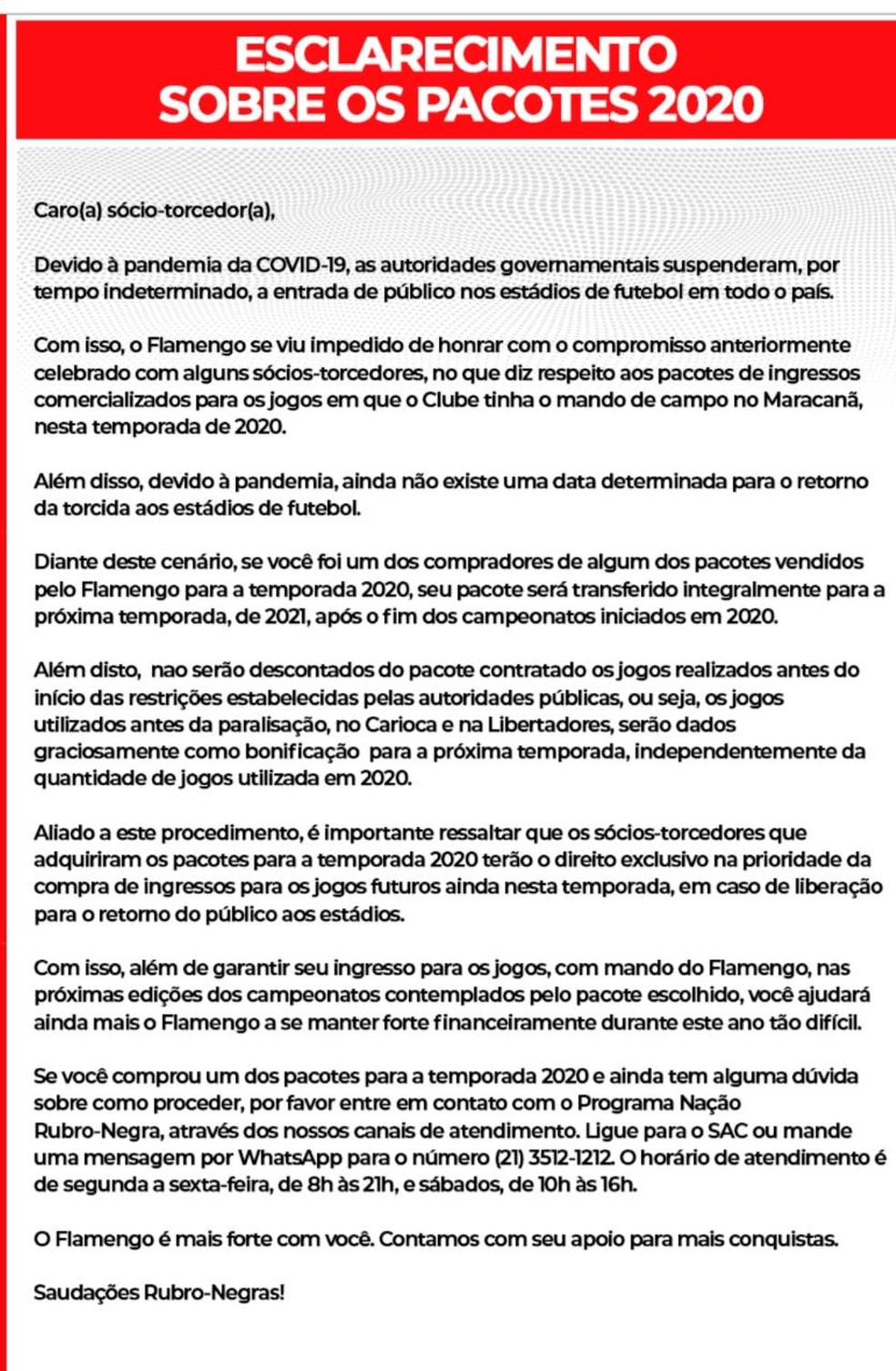 Comunicado do Flamengo sobre os pacotes de ingresso desta temporadare — Foto: Reprodução