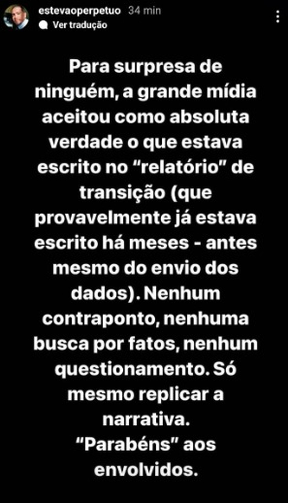 Texto de Estevão Perpétuo em rede social — Foto: Reprodução