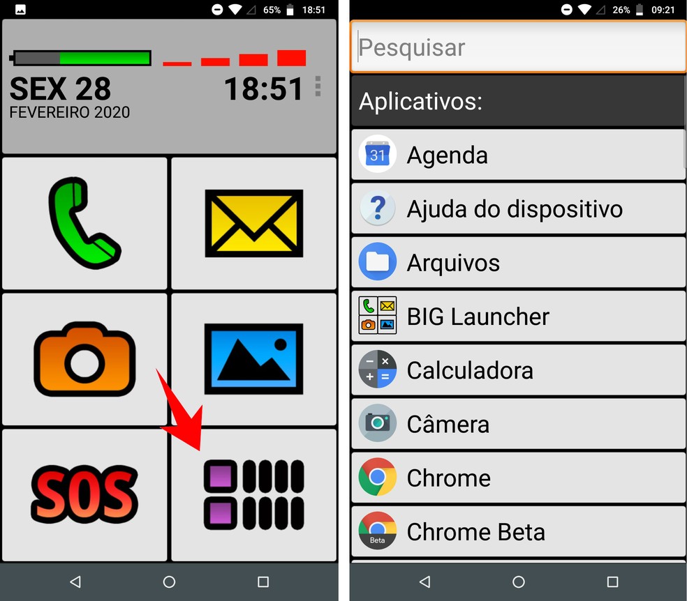 Abrindo a lista de aplicativos instalados no celular pelo BIG Launcher — Foto: Reprodução/Rodrigo Fernandes