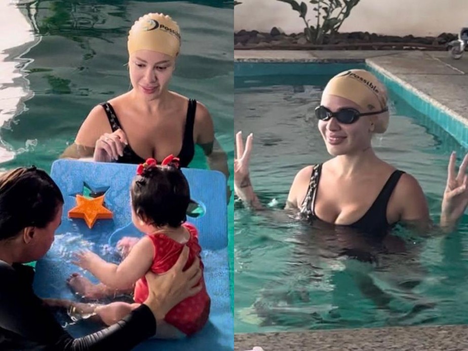 Karoline Lima faz aula de natação com a filha