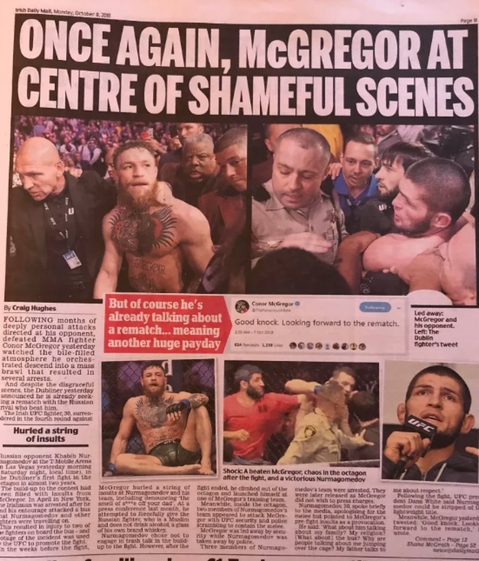 Página do jornal Irish Daily Mail desta segunda-feira — Foto: Reprodução/MMA Fighting