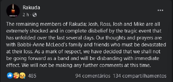 O comunicado da banda Rakuda lamentando a morte de Bobbi-Anne McLeod (Foto: Facebook)