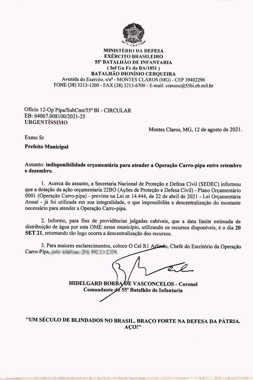 Ofício que a Prefeitura de Espinosa recebeu sobre a suspensão da Operação Carro-Pipa — Foto: Prefeitura de Espinosa