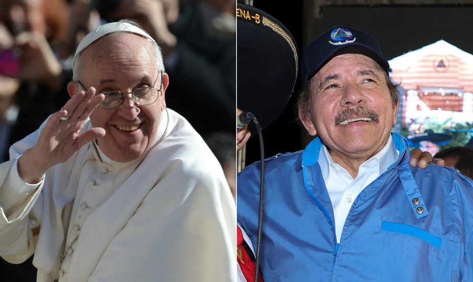 Papa Francisco, fotografado em março de 2013 logo após sua nomeação, e Daniel Ortega, fotografado em novembro de 2021