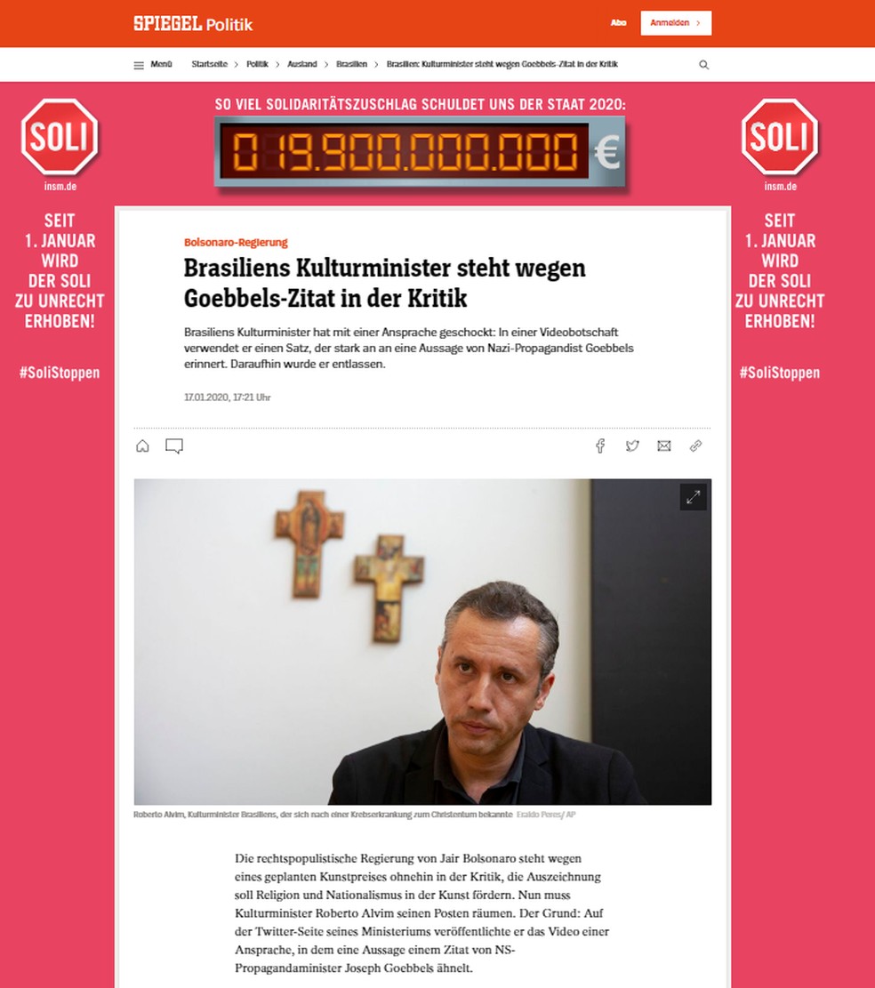 Revista alemã 'Der Spiegel' repercutiu o vídeo de Alvim — Foto: Reprodução/Der Spiegel
