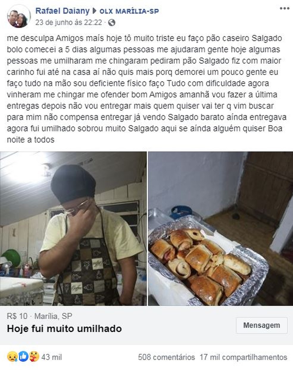 Comerciante de Marília desabafa na web humilhação por cliente — Foto: Reprodução/Facebook