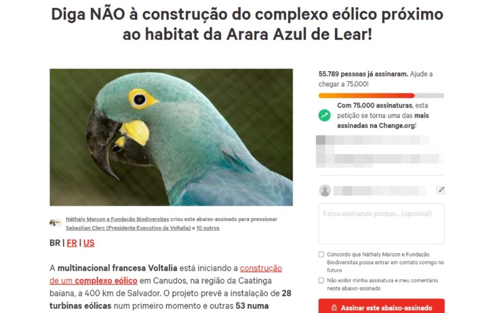 Petição conta com mais de 55 mil assinaturas — Foto: Reprodução/Change.org