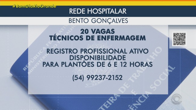Rede hospitalar oferece 20 vagas para técnicos em enfermagem em Bento Gonçalves