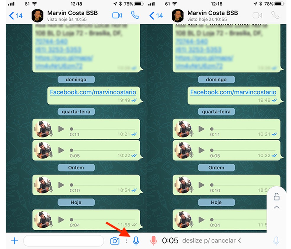 Ação para iniciar uma gravação de áudio no WhatsApp para iPhone (Foto: Reprodução/Marvin Costa)