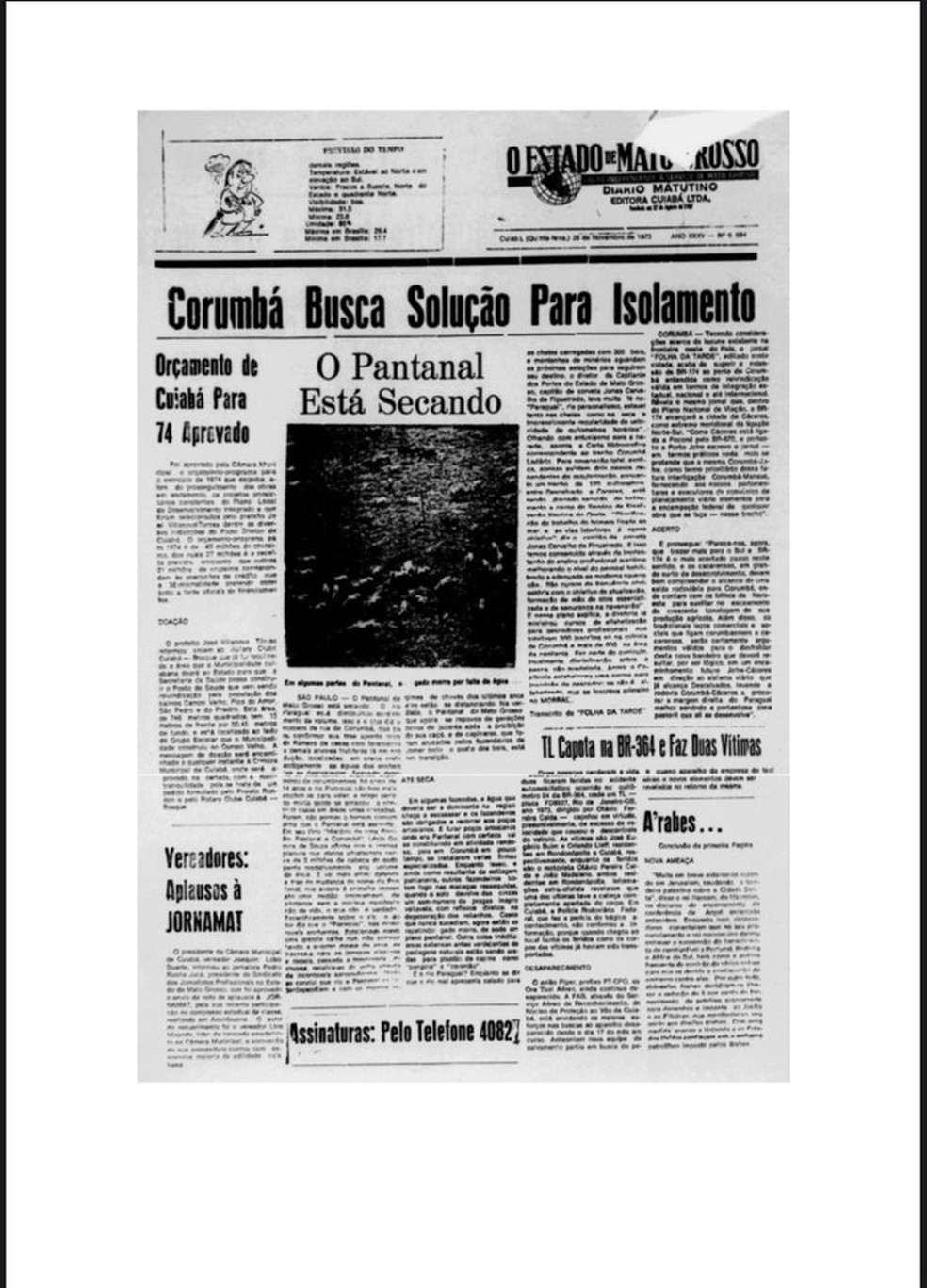 Jornal da época mostrava preocupação com Pantanal seco. — Foto: O estado de Mato Grosso/Arquivo histórico 