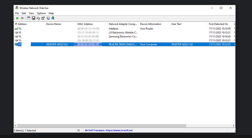 Wireless Network Watcher lista todos os IPs presentes na rede — Foto: Reprodução/Gabriel Pereira