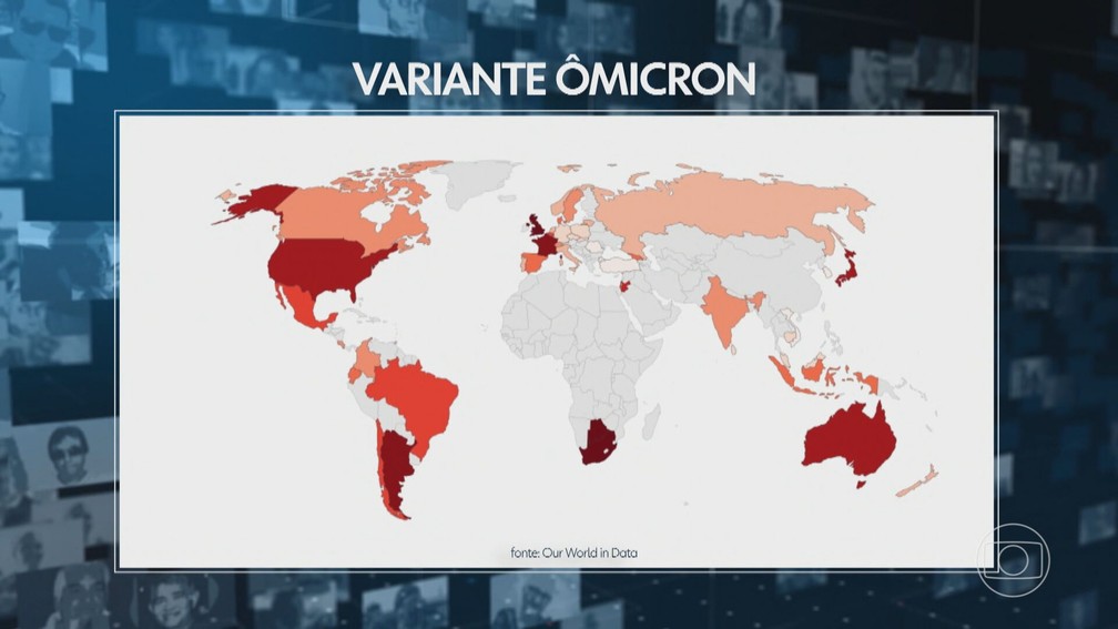 Os diferentes tons de vermelho mostram a intensidade da presença da ômicron nos países — Foto: Jornal Nacional/ Reprodução