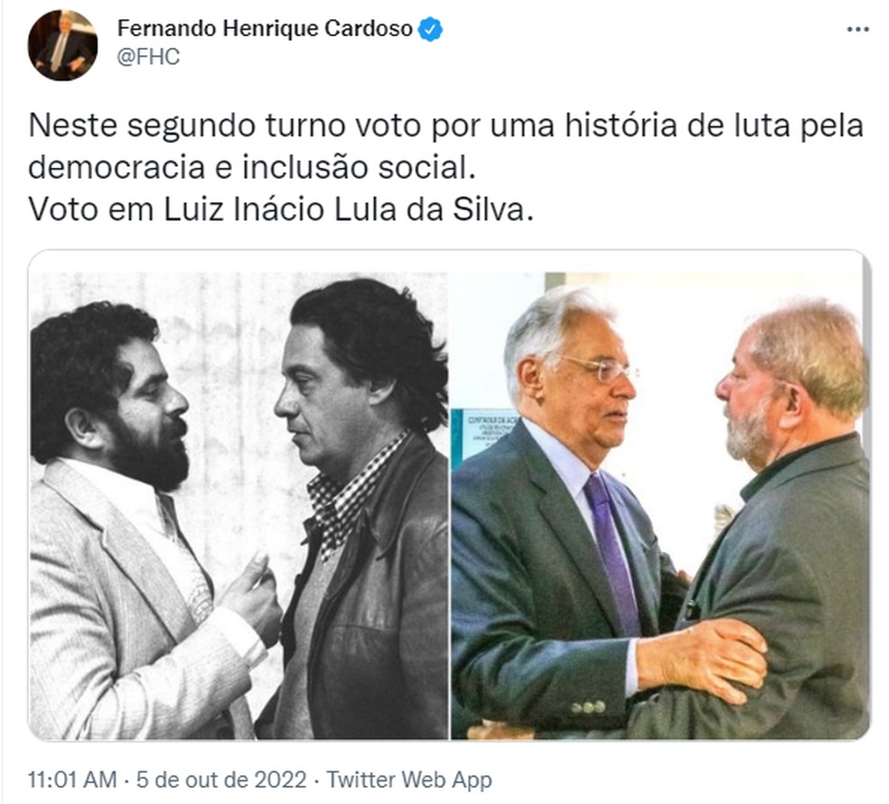 FHC declara apoio a Lula no segundo turno em publicação no Twitter — Foto: Reprodução/Redes sociais