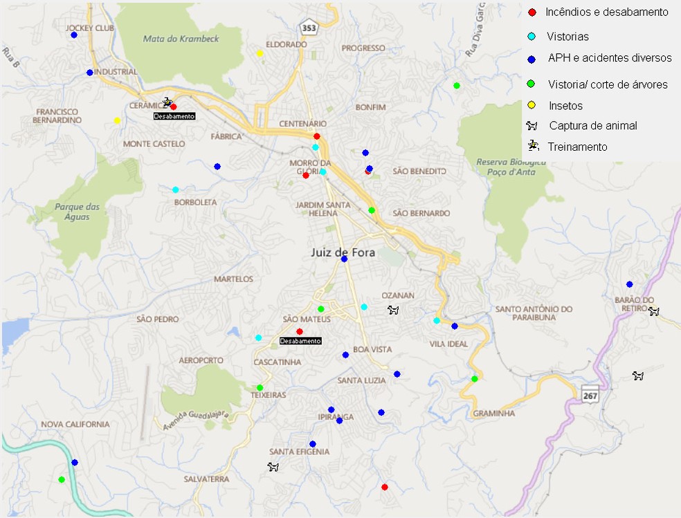 Mapa mostra locais onde atendimentos são feitos pelos bombeiros em Juiz de Fora — Foto: Corpo de Bombeiros/Divulgação