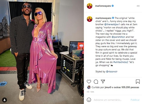 O post do ator Marlon Wayans com a foto com a socialite Paris Hilton e seu relato sobre a inspiração por trás de As Branquelas (2004) (Foto: Instagram)