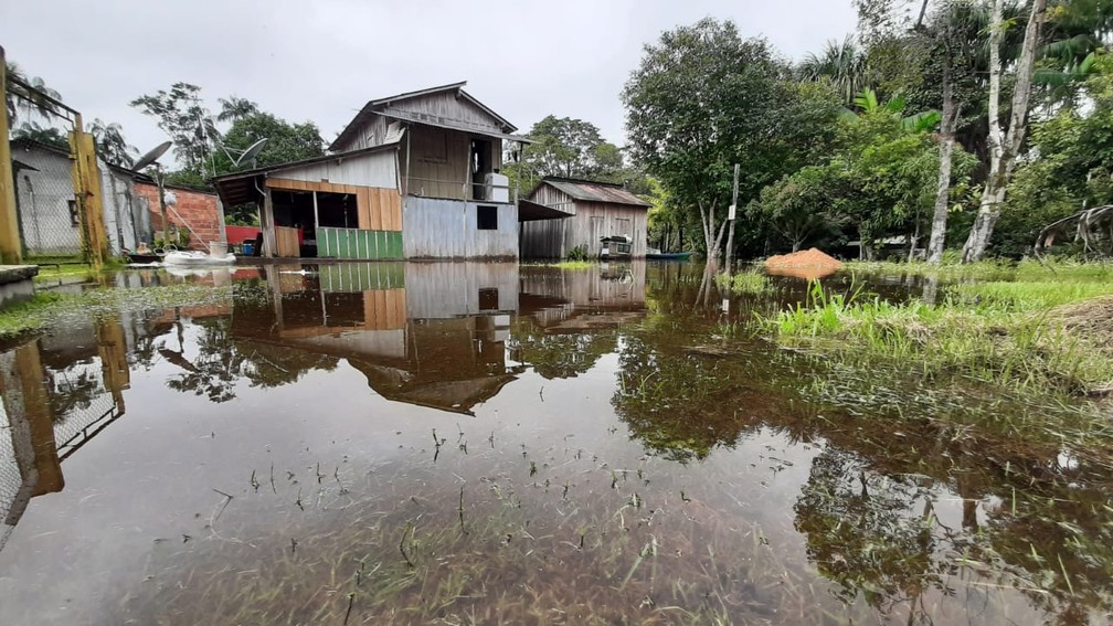 Casas ficaram alagadas após fortes chuvas que atingiram a região — Foto: Francisco Carioca/Rede Amazônica