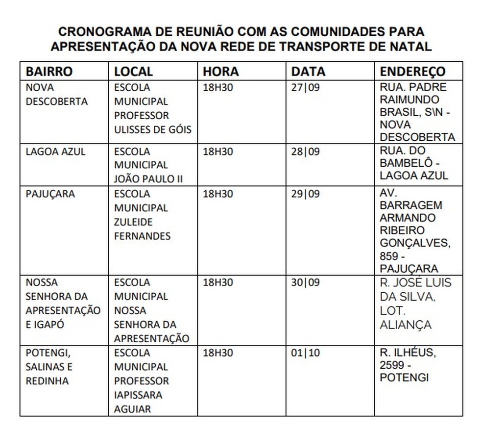 Cronograma de reuniões com as comunidades de Natal — Foto: Reprodução