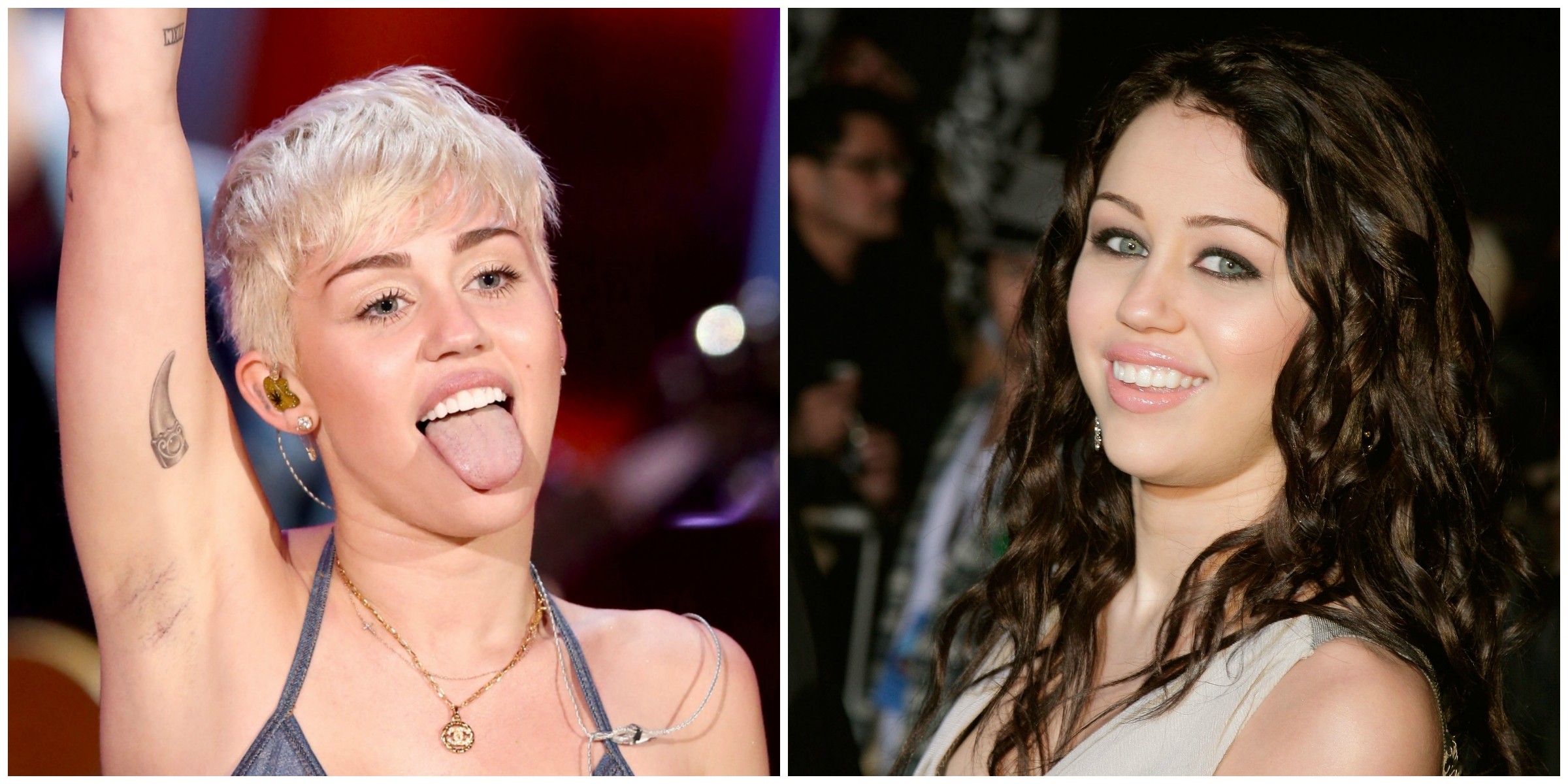 Miley Cyrus anda com os cabelos loiríssimos, mas, quando era Hannah Montana, usava as madeixas originais, morenas. (Foto: Getty Images)