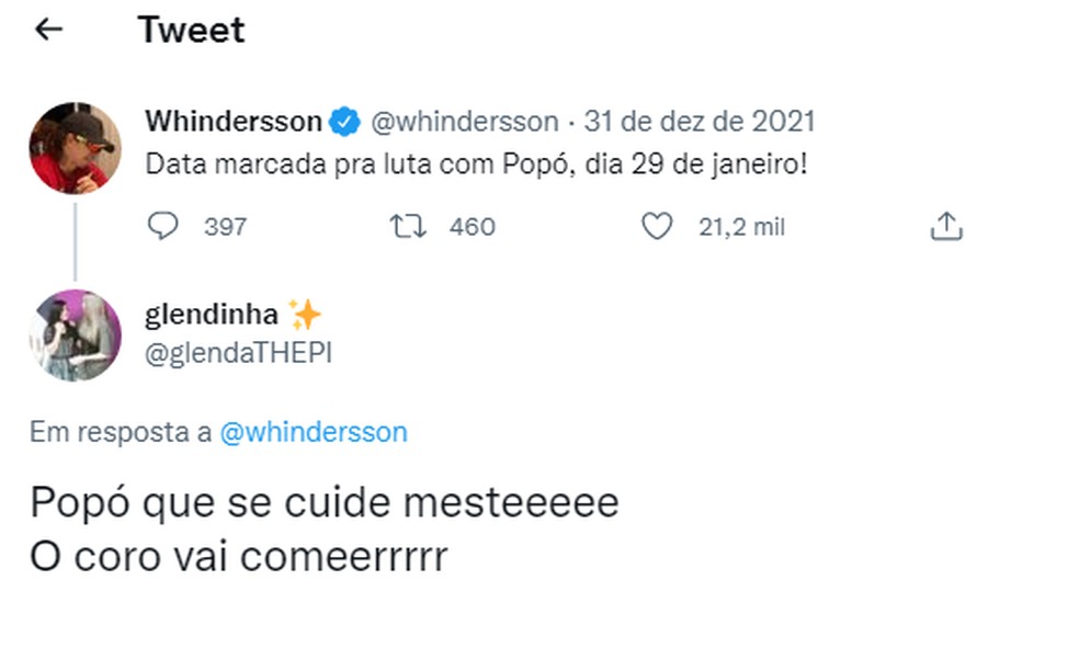 Whindersson x Popó: como a web reagiu à data da luta — Foto: Reprodução/Twitter 