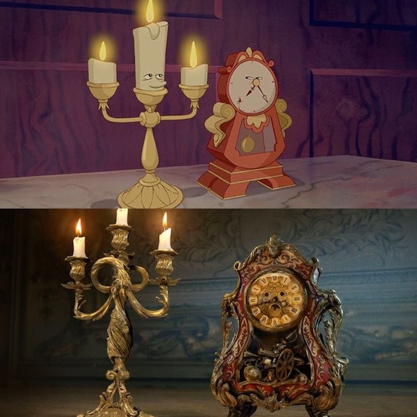 As duas versões dos personagens Lumière e Horloge (Foto: Reprodução)