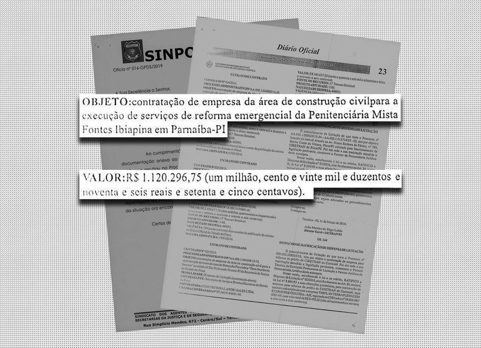 Extrato de contrato da construtura para reforma da penitenciária mista de Parnaíba — Foto: Reprodução/Diário Oficial do Piauí