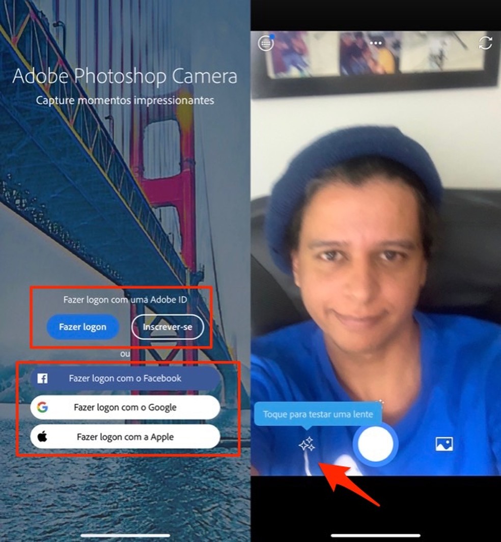 Ação para logar o aplicativo Adobe Photoshop Camera — Foto: Reprodução/Marvin Costa
