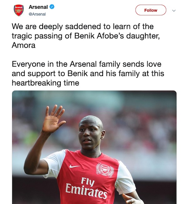 O comunicado do Arsenal lamentando a morte da filha de dois anos do jogador de futebol Benik Afobe (Foto: Twitter)