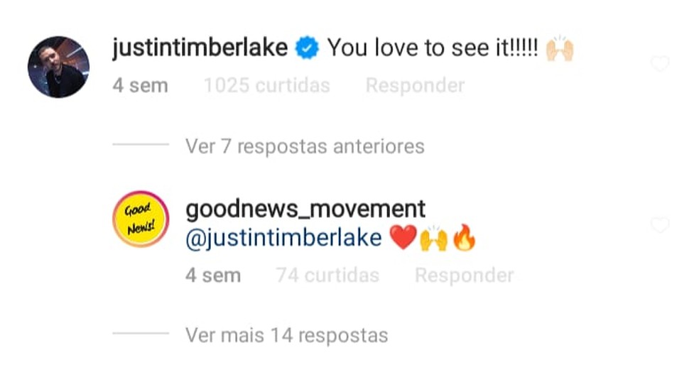 Comentário do astro do pop americano Justin Timberlake na publicação do vídeo do noivo de BH. — Foto: Redes sociais 