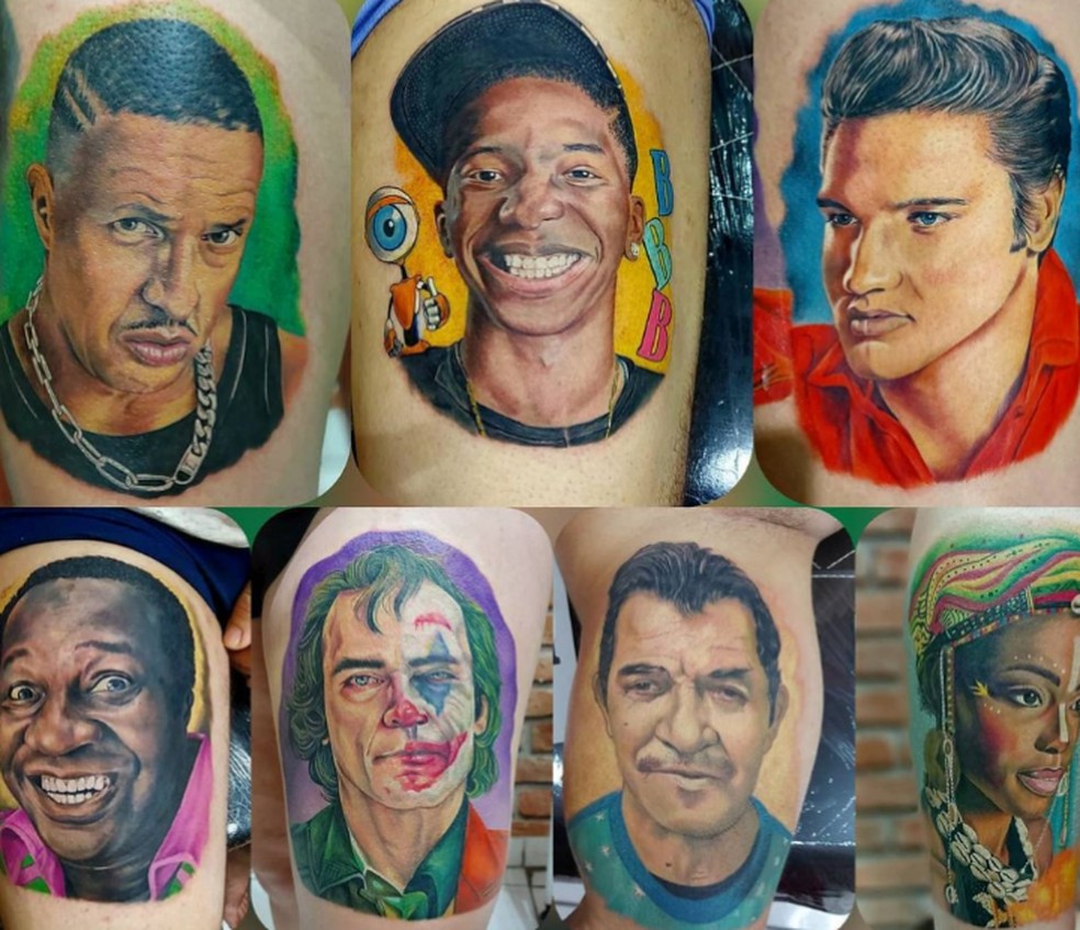 Bruno já tatuou os rostos de Mano Brown, Lucas Penteado, Elvis Presley, entre outros.  — Foto: Redes sociais