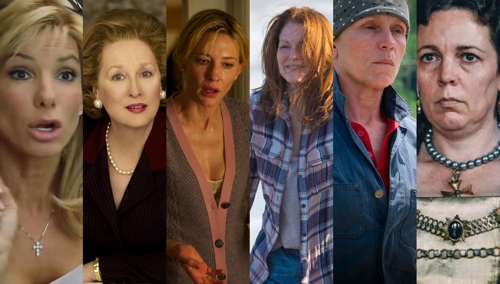 Nos anos 2010, as atrizes com mais de 40 anos reinaram no Oscar:  Sandra Bullock (2010), Meryl Streep (2012), Cate Blanchett (2014), Julianne Moore (2015), Frances McDormand (2018) e Olivia Colman (2019)  — Foto: Divulgação/Montagem