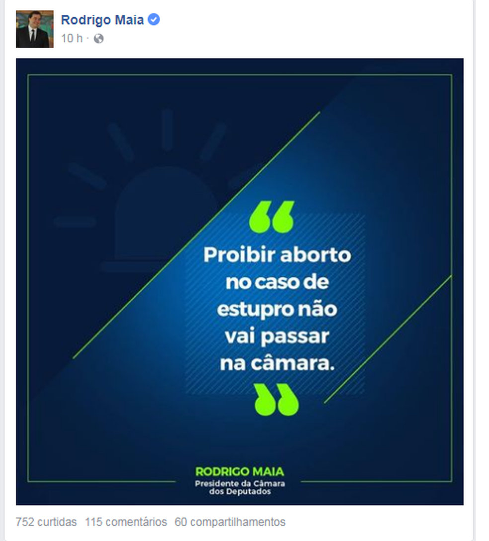 Postagem do presidente da Câmara no Facebook sobre aborto em caso de estupro (Foto: Reprodução/Facebook)