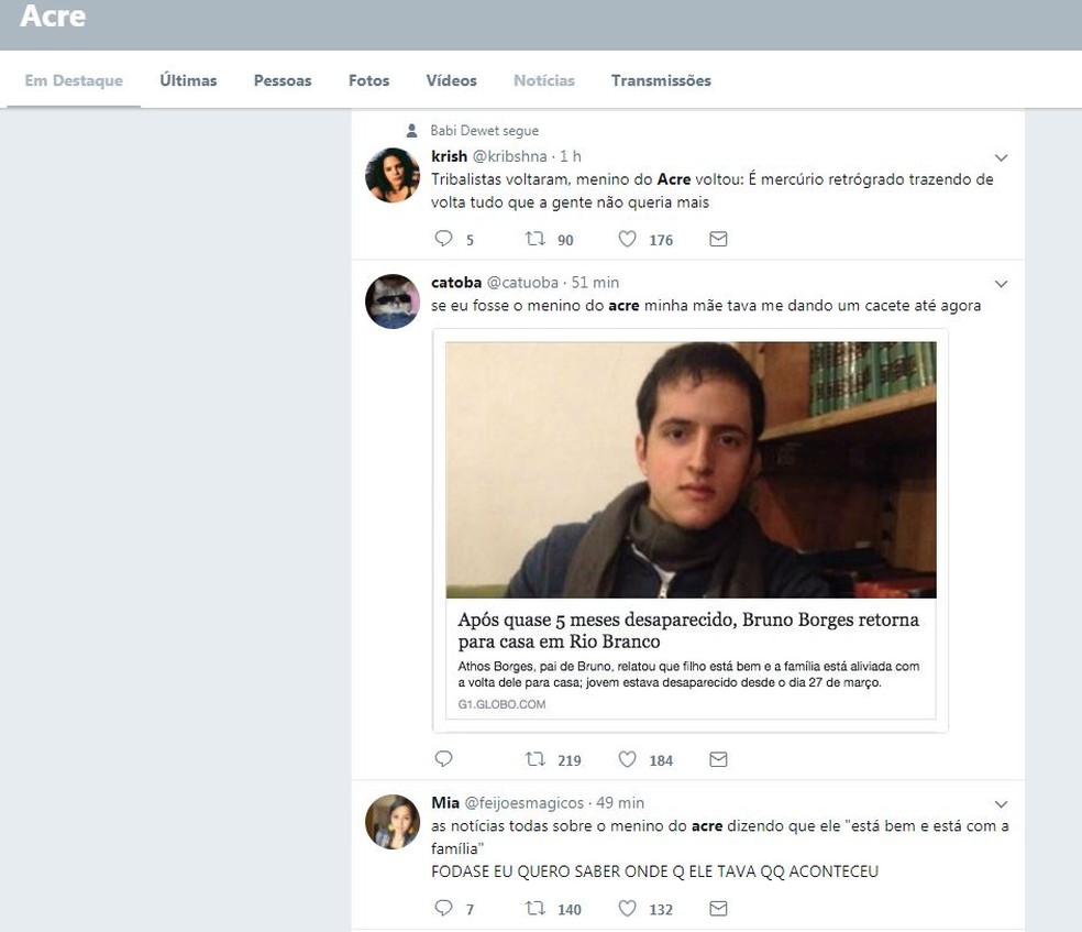 Usuários do Twitter ficaram curiosos para saber onde o jovem estava durante os quase cinco meses em que ficou desaparecido (Foto: Reprodução/Twitter)